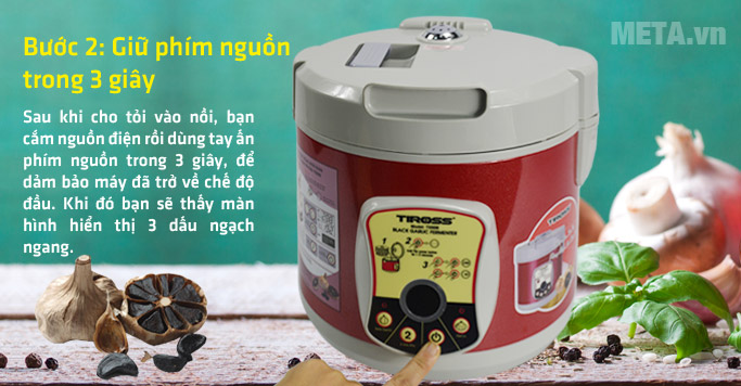 Bước 2: Cắm điện và bật nút nguồn của máy làm tỏi đen