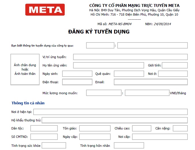 Mẫu đăng ký tuyển dụng dành cho ứng viên