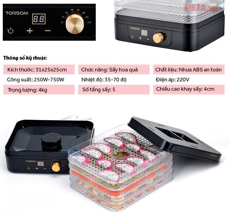 Máy sấy hoa quả thịt thực phẩm 5 tầng TORSOM TS-D2 có chức năng hẹn giờ sấy 