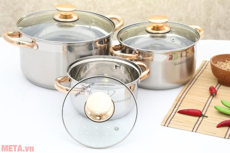 Bộ 3 nồi inox 201 - 5 đáy Sunhouse SH781