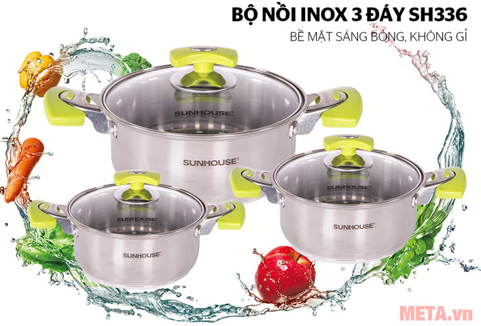 Bộ nồi inox 3 đáy Sunhouse SH336 (3 chiếc)
