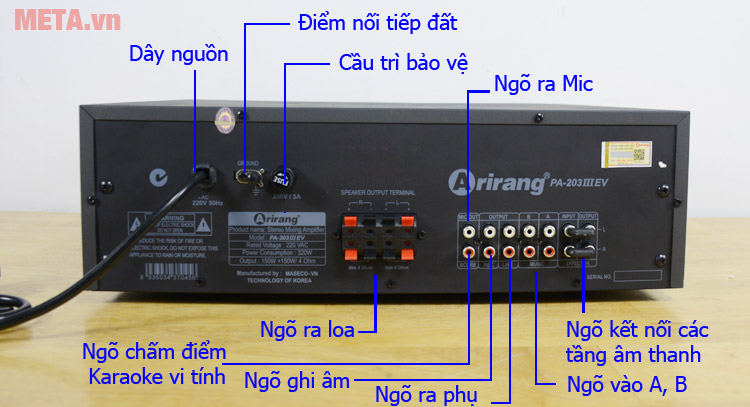 Cổng kết nối Máy tăng âm Arirang PA-203III EV Máy tăng âm Arirang