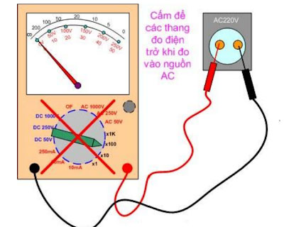 Để nhầm thang đo điện trở, đo vào nguồn AC => sẽ hỏng các điện trở trong đồng hồ.