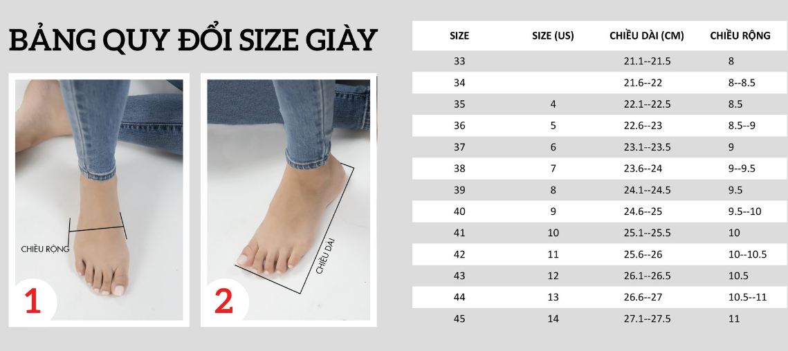 Bảng quy đổi size giày cầu lông