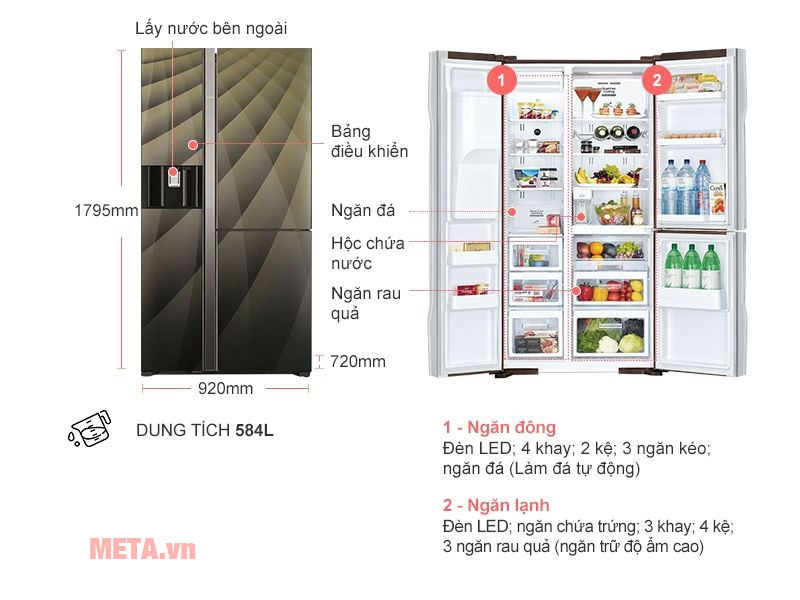 Kích thước Tủ lạnh Hitachi Inverter 584 lít R-FM800AGPGV4X(DIA)