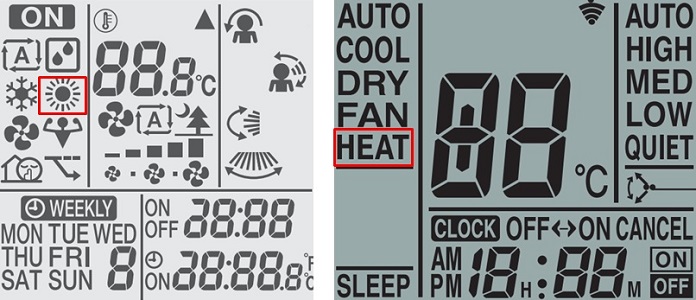 Chế độ HEAT được thể hiện trên điều khiển điều hòa bằng biểu tượng mặt trời (bên trái) hoặc bằng chữ (bên phải).