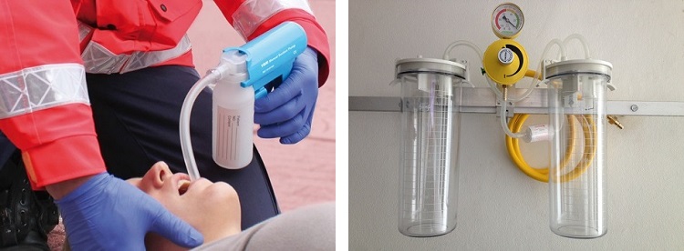 Máy hút đờm thủ công (trái) và máy hút đờm treo tường (phải).