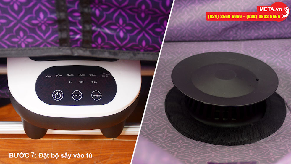 Đặt bộ sấy vào tủ như hình dưới