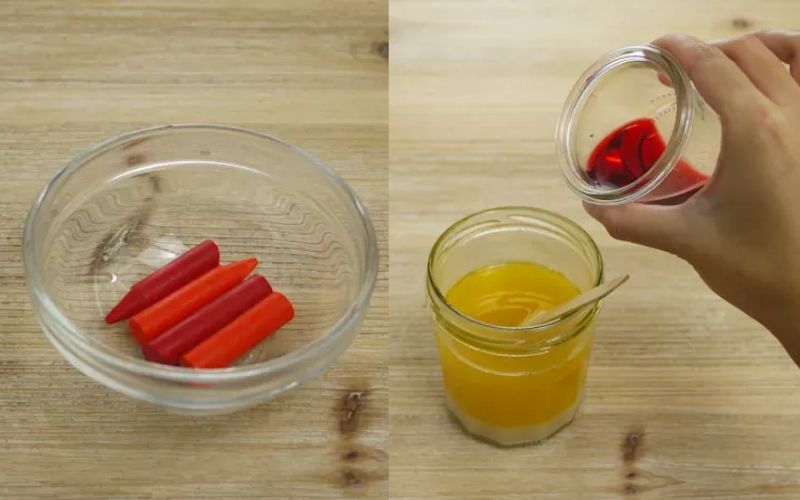 Bước 2: Nung chảy một cây sáp màu rồi đổ vào bơ đã đun