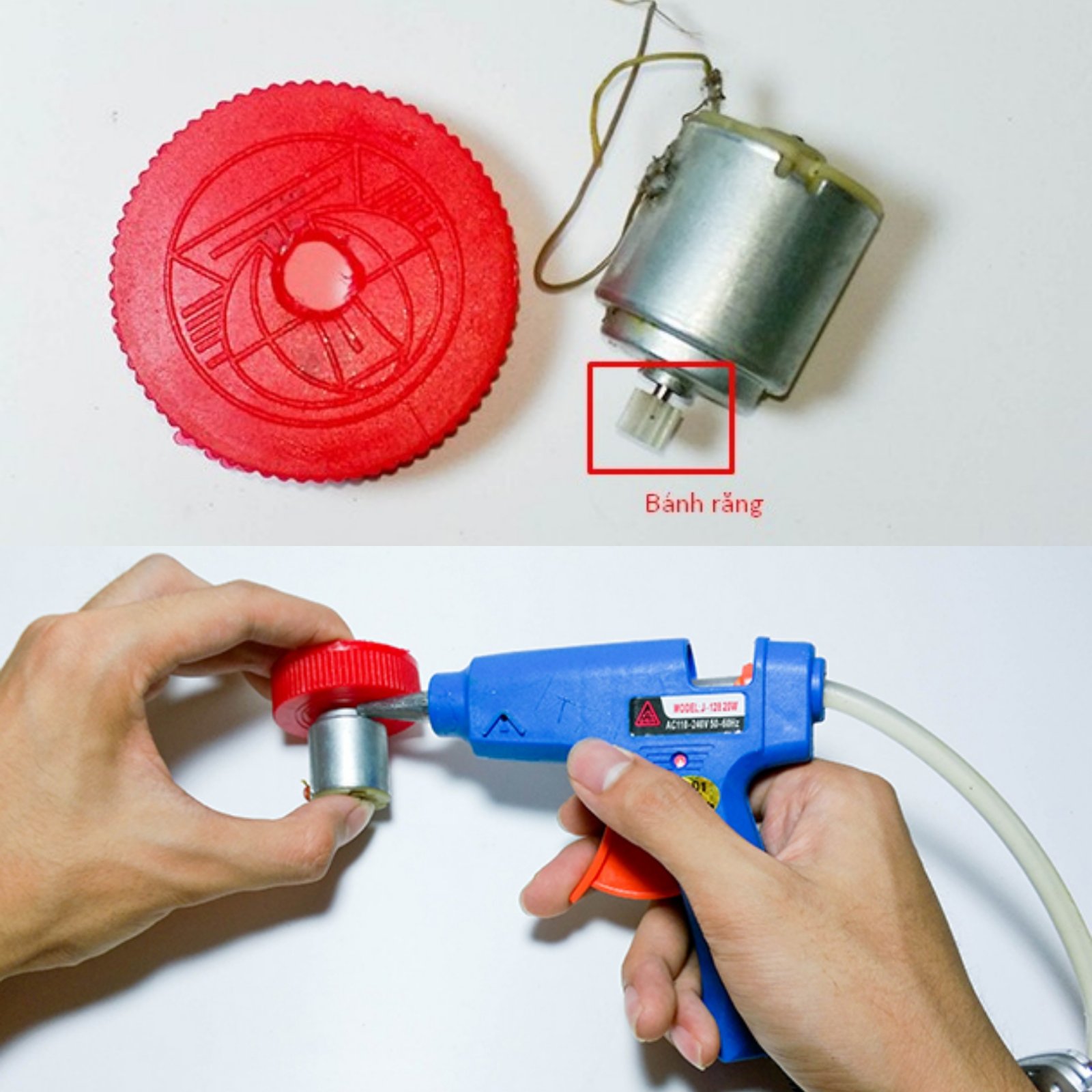 Bước 3: Nối tiếp đó, bạn đục lỗ ở tâm hình tròn, đặt miếng bánh răng vào khớp rồi dùng keo nến cố định nó vào cánh quạt.