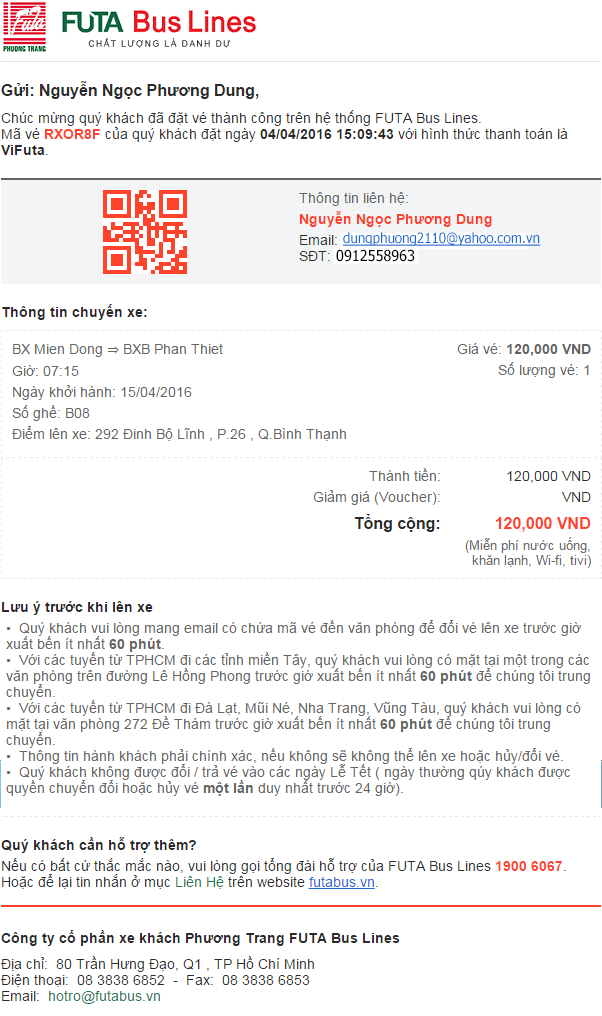 Email xác nhận thanh toán của Phương Trang