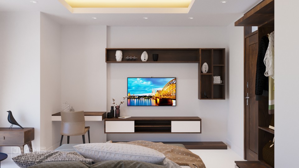Chiều cao tivi treo tường phòng ngủ thường cao hơn phòng khách, khoảng từ 1,4 - 1,6m