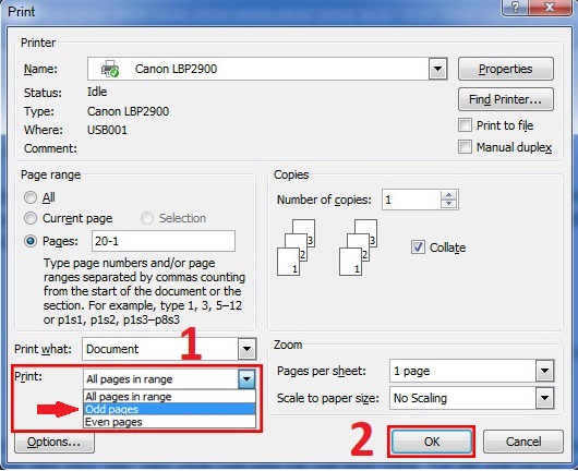 Cách in thủ công 2 mặt (In trang chẵn lẻ) trong Word 2007