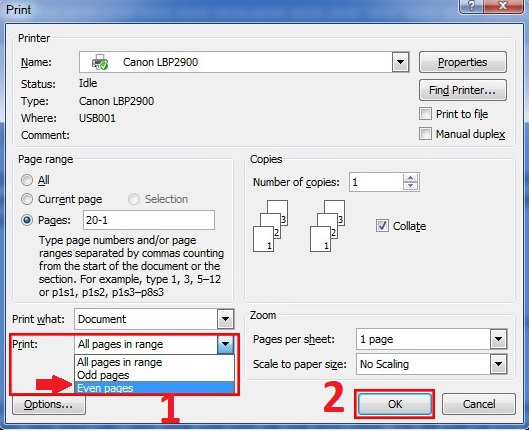Cách in thủ công 2 mặt (In trang chẵn lẻ) trong Word 2007