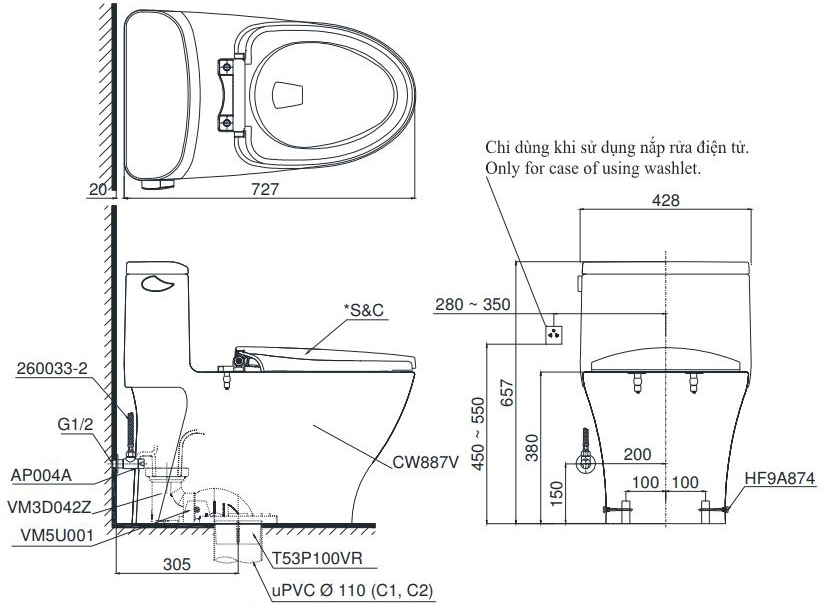 Kích thước bồn cầu 1 khối TOTO MS887RT8