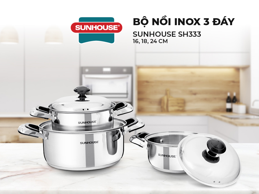 Bộ 3 nồi inox 3 đáy Sunhouse SH333