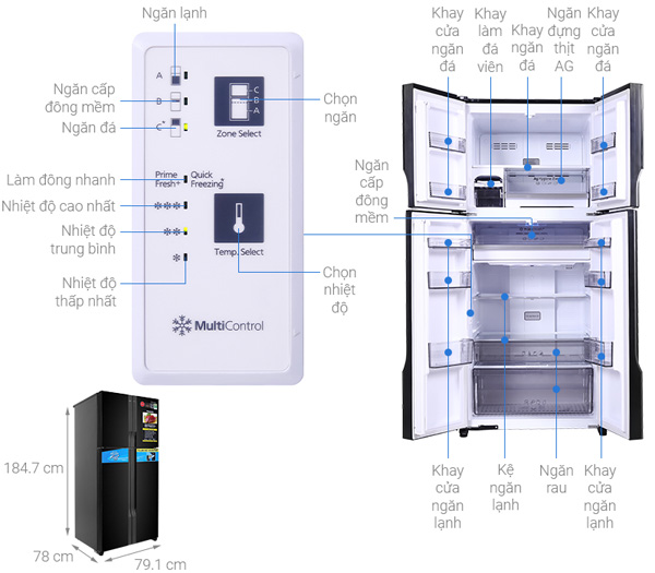 Kích thước tủ lạnh 4 cánh Panasonic