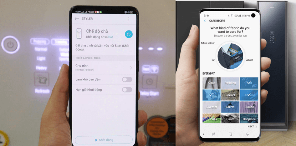 Tủ chăm sóc quần áo LG và tủ chăm sóc quần áo Samsung điều khiển từ xa bằng smartphone