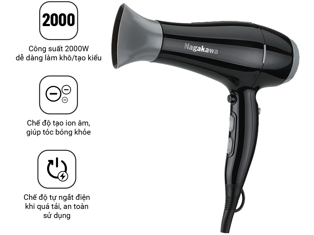 Một số tính năng, công nghệ của máy sấy tóc tạo ion âm Nagakawa NAG1606