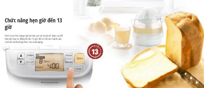 Máy làm bánh mì Panasonic SD P104WRA thiết lập 13 thực đơnáy làm bánh mì Panasonic SD P104WRA có chức năng hẹn giờ