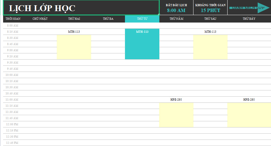 Mẫu thời khóa biểu Excel đẹp