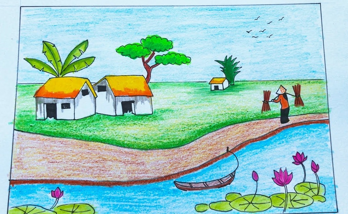 Tranh đẹp vẽ phong cảnh làng quê Việt Nam bình yên Amia TSD 251