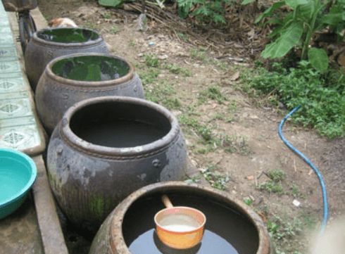 Nước mưa thường được chứa trong chum, bể để dùng dần