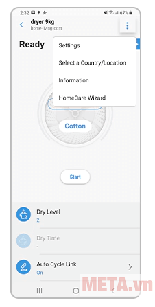 Quản lý cài đặt cơ bản của máy sấy Samsung trên ứng dụng SmartThings
