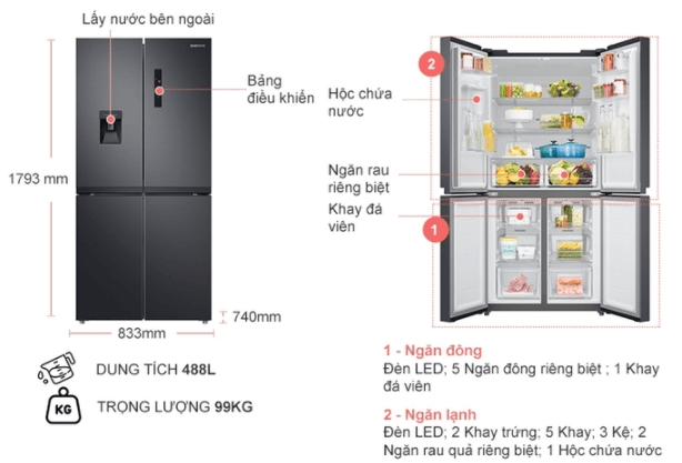 Kích thước tủ lạnh 4 cánh Samsung