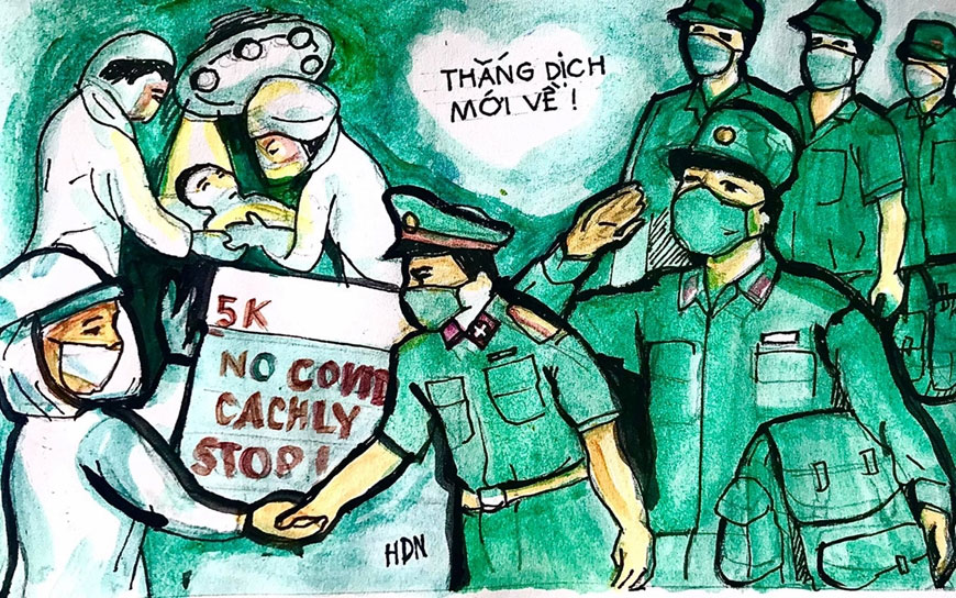 Hãy ngắm nhìn bức tranh vẽ chú bộ đội chống dịch với đầy tình cảm và sự nghiêm túc để cảm nhận sức mạnh và lòng dũng cảm của những anh hùng của đất nước Việt Nam.