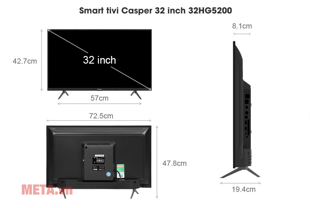 Kích thước Tivi Sony smart 32 inch 32W610G (Mẫu 2019)