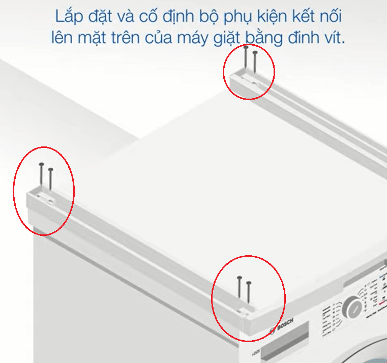 Lắp đặt và cố định bộ phụ kiện kết nối lên mặt trên của máy giặt bằng đinh vít