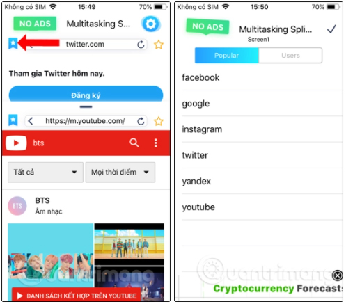 Chuyển sang những trang web có trong danh sách của Multitasking Split Screen