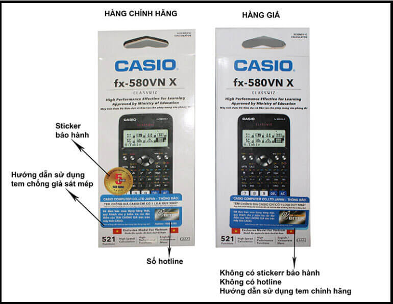 Nhận biết máy tính Casio 580 chính hãng với thiết kế bên ngoài.