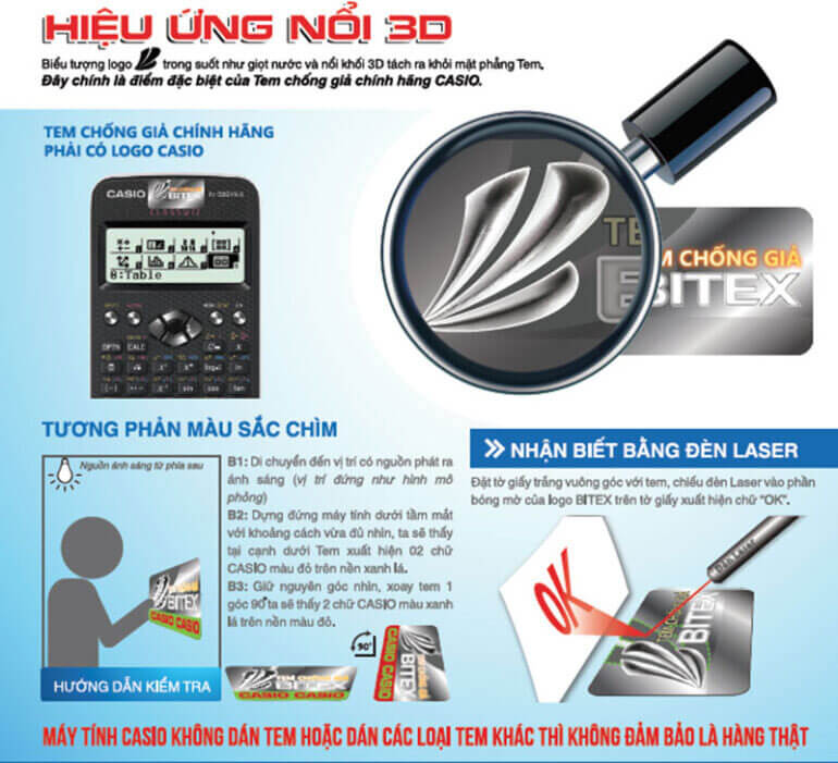 Phân biệt máy tính Casio 580 thật giả bằng cách chiếu laser.
