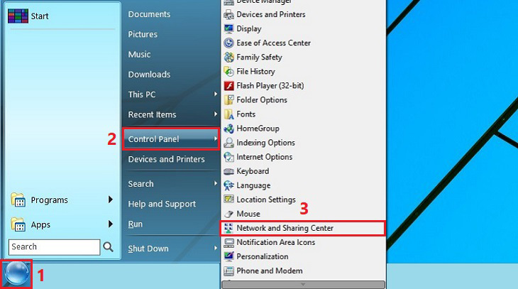 Tại menu Start và tại mục Control Panel, bạn nhấn chọn Network and Sharing Center