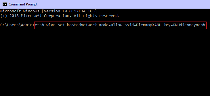 Gõ câu lệnh: netsh wlan set hostednetwork mode=allow ssid=ten_wifi key= mat_khau