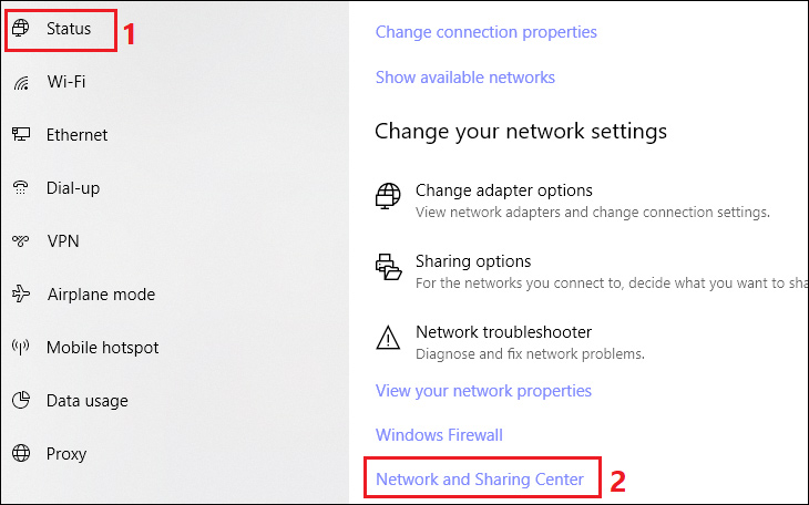 Mở Settings. Tại thẻ Status, bạn nhấn chọn Network and Shariaring Center