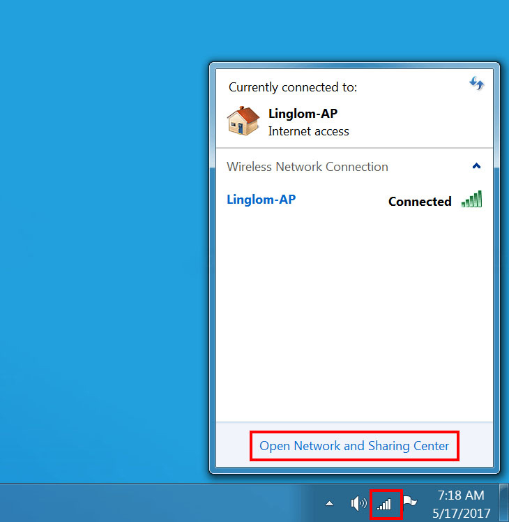 Nhấn chuột trái vào biểu tượng Network trên thanh Taskbar -> Chọn Open Network and Sharing Center