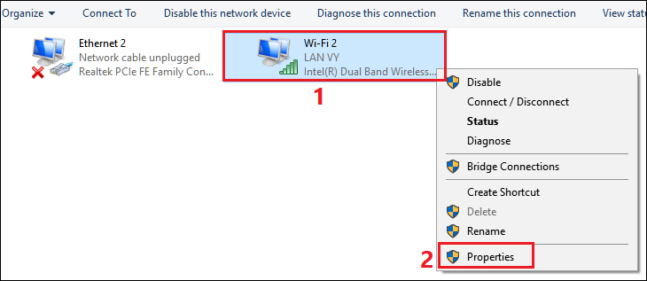 Nhấn chọn wifi đang sử dụng -> Click chuột phải chọn Properties