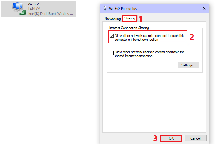 Trong cửa sổ Properties, bạn chuyển sang mục Sharing -> Nhấn chọn Allow other network users to connect