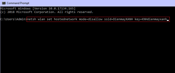 Nhập dòng lệnh: netsh wlan stop hostednetwork mode=disallow ssid=ten_wifi key=mat_khau
