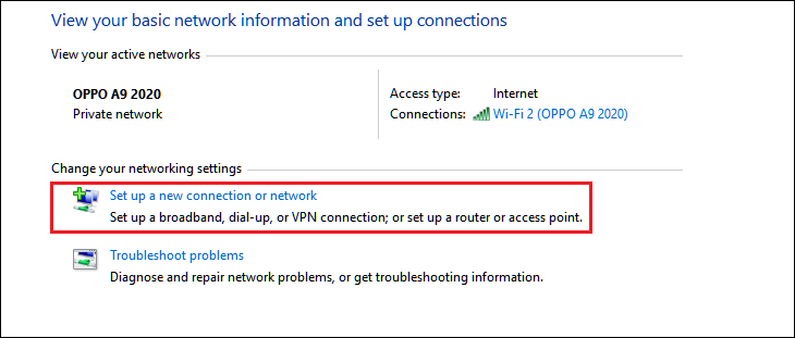 Trong cửa sổ Network and Sharing Center, bạn nhấn chọn Set up a new connection or network