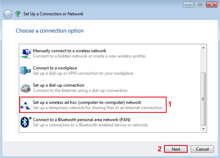 Nhấn chọn Set up a wireless ad hoc (computer-to-computer) network -> Nhấn chọn Next