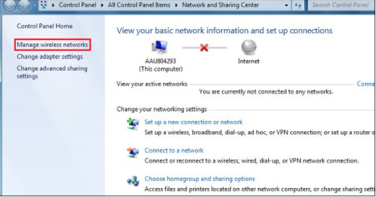 Nhấn chọn Manage Wireless Networks ở bên trái màn hình