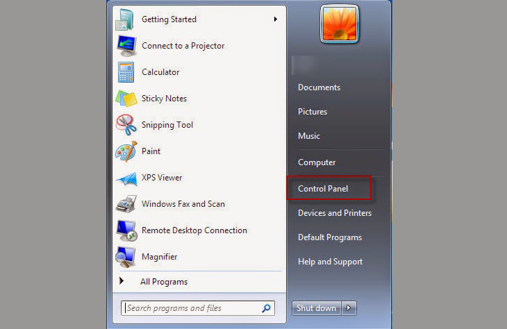 Vào Menu start -> Chọn Control Panel