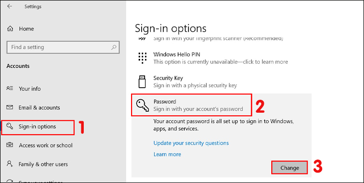 Nhấn chọn mục Tùy chọn đăng nhập (Sign-in options) -> Chọn Mật khẩu (password) -> Nhấn Thay đổi (Change)