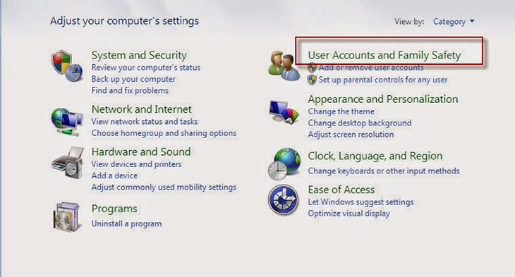 Nhấn chọn User Account and Family Safety