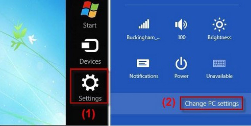 Chọn Setting -> Nhấn chọn Change PC settings