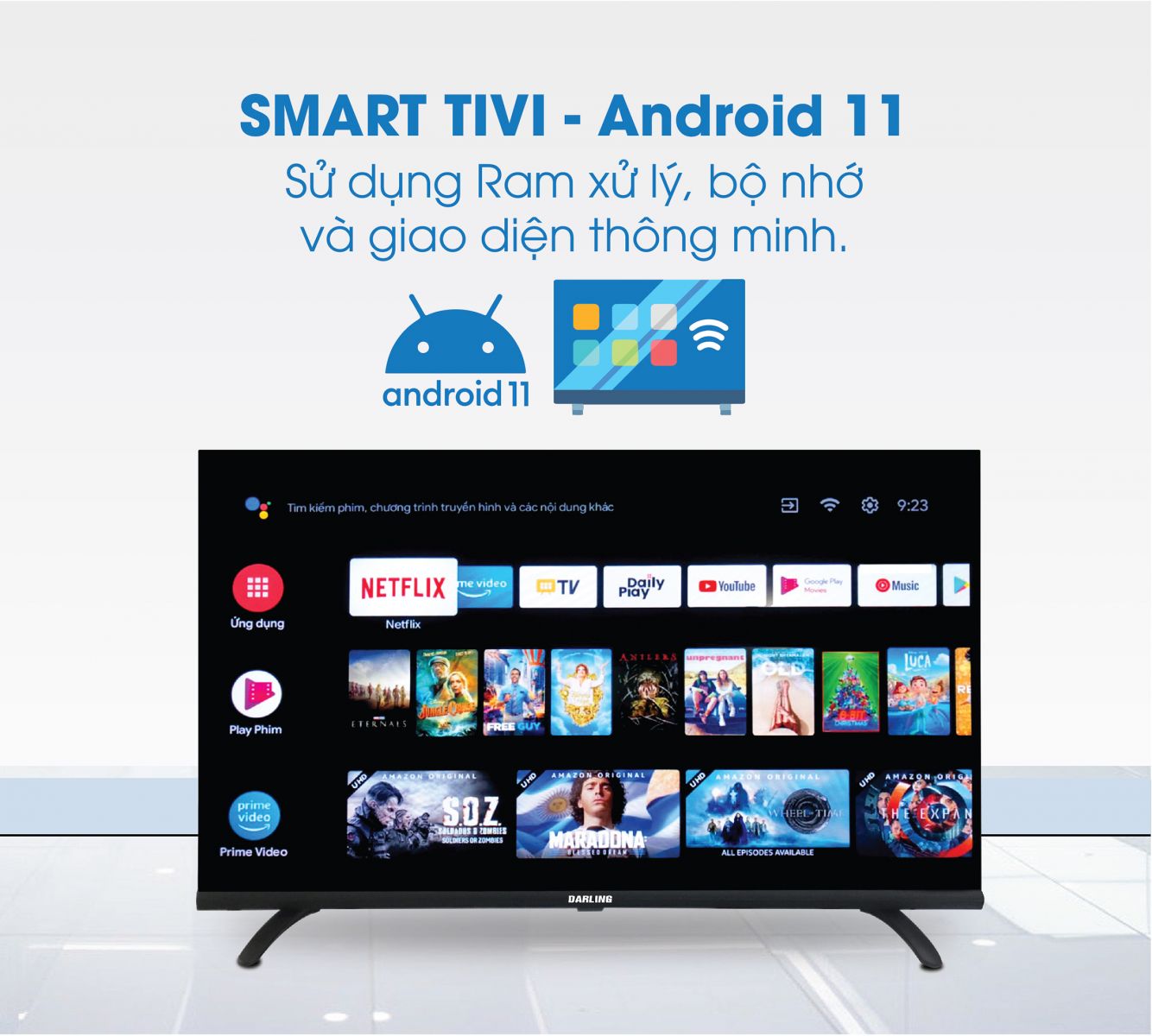 Smart tivi Darling sử dụng hệ điều hành Android 11 giao diện đơn giản, dễ sử dụng